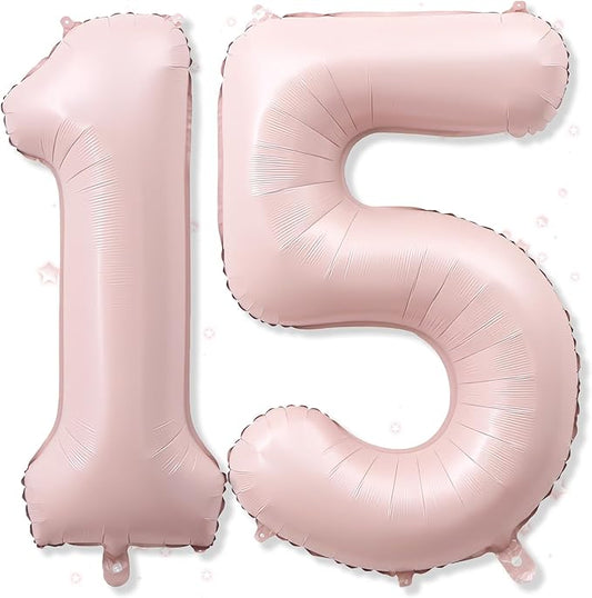 Foil 15 Balloon, Dusty Light Blush Pink Big Number 15 Balloons for Girls Birthday Party Decor, 40 Inch Mylar Self Inflating Number 15 Pastel Baby Pink Balloon for Women 15th Birthday Party Decorations