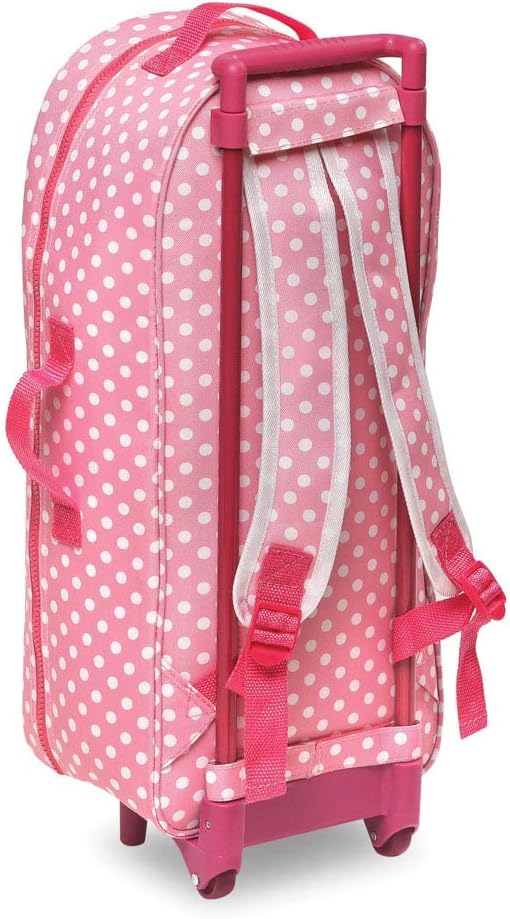 Badger Basket 3-in-1 Trolley Doll Carrier with Rocking Bed and Bedding – Adorable Pink Polka Dot Design for 18-Inch Dolls