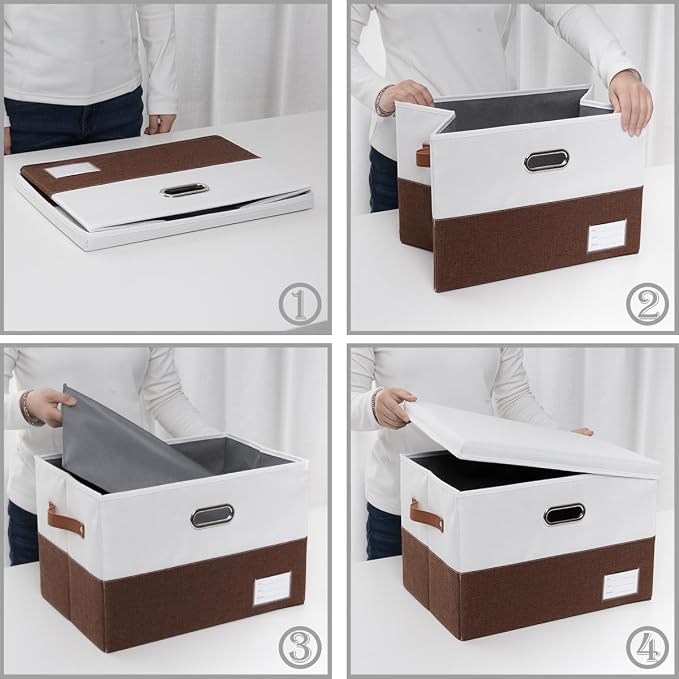 Foldable Storage Bins with Lids [3-Pack] Fabric Collapsible Storage Boxes Baskets Cubes Containers with Handles for Closet Living Room Bedroom (Brown & White 17.7x11.8x11.8'')