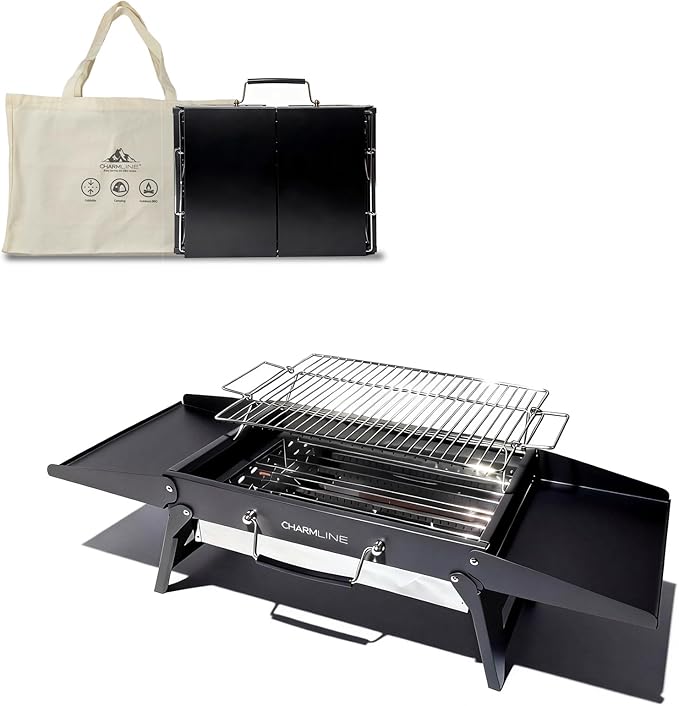Charmline 15x11 inches Portable Charcoal Grill, Compact Portable BBQ Grill, Tabletop Charcoal Grills for Camping, Picnics, Gardens and Beach Parties, Black