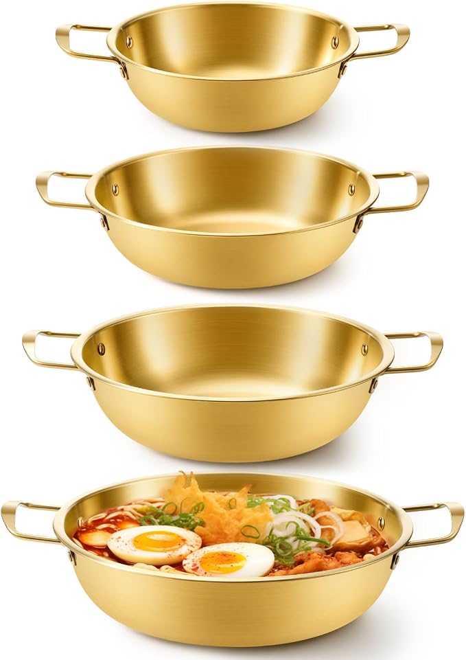 Patelai 4 Pack Korean Ramen Noodle Pots, Golden Stainless Steel Korean Cooking Pots with Double Handle, Fast Heating Pot for Soup, Noodles, Pasta, Kitchen & Outdoor Use, Sizes 7.1", 8.7", 9.5", 10.2"