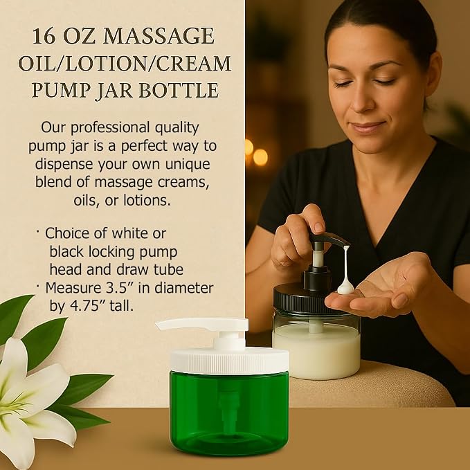 Royal Massage 16oz Refillable Pump Jar with Locking Dip Tube Dispenser – BPA-Free Plastic Container for Massage Oils, Lotions, Creams – Ribbed Lid Wide-Mouth Jar – Durable & Reusable (Black/Black, 2)