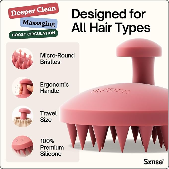 SXNSE - Revive Silicone Scalp Massager, Cherry - Manual Hair & Scalp Scrubber for Dandruff, Buildup, Itch, & Hair Growth - Soft Exfoliating Silicone Bristles for Wet & Dry Hair, Flake-Free Finish
