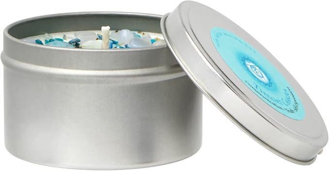 Throat Chakra Candle by New Moon Beginnings - Chakra Candles - Dried Flower, Herb, & Crystal Candles - Aromatherapy Candles - Soy Candle - 8oz Tin