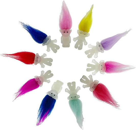 10pcs Luminous Mini Troll Dolls Glow in The Dark Vintage Action Figures Troll Dolls 1.2" Bodies, 2.3" Hair. Cake Toppers School Project, Arts and Crafts (10pcs)