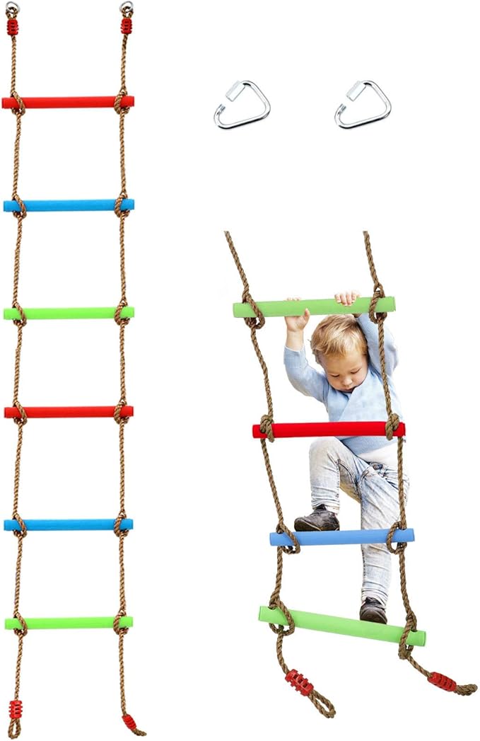 7FT Colorful Camping Rope Ladder for Kids - Hanging Climbing Ladder for Swing Set, Playground, Tree House, Ninjaline, Indoor & Outdoor Play Set