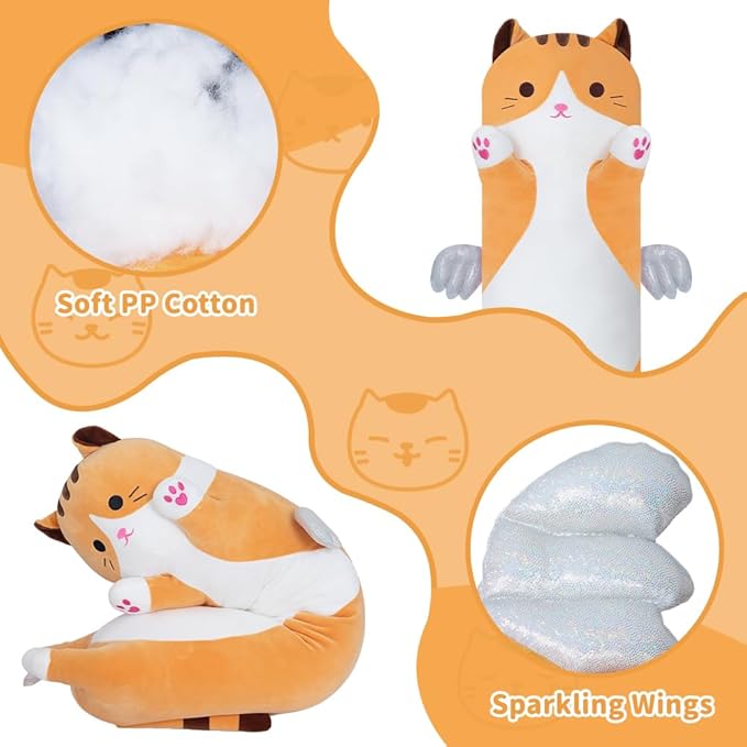 Cute Cat Plush Pillow, Yellow Long Cat Stuffed Animals Soft Long Kitten Plushies Kawaii Cat Stuffed Plush Toy for Kids Girlfriend(110cm/43.3inch)