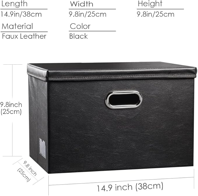Collapsible Storage Bins with Lids [3-Pack] Leather Fabric Foldable Storage Boxes Organizer Containers Baskets Cube with Cover for Bedroom Closet Office Nursery Black (14.9x10.8x10)