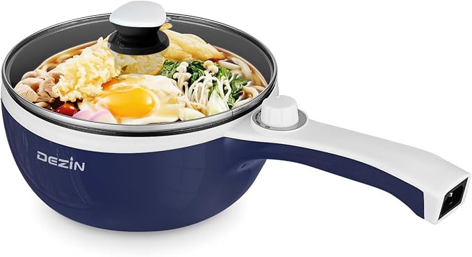 Dezin Electric Pot, 1.5L Non-Stick Portable Hot Pot Electric Upgraded, 700W | Dual Power, Electric Pot for Cooking Steak, Egg, Oatmeal, Mini Ramen Cooker for Dorm, Travel, Camping, RV, Office, Navy Pan