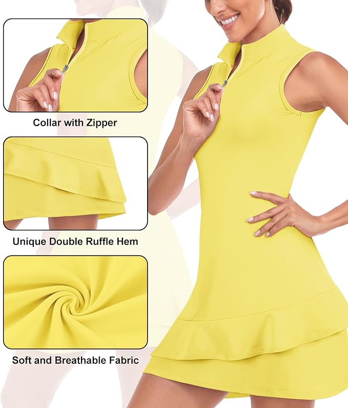 Viracy Tennis Dress for Women Sleeveless Golf Dresses with Shorts and Pockets Ruffle Zip Up Stand Collar Golf Outfits