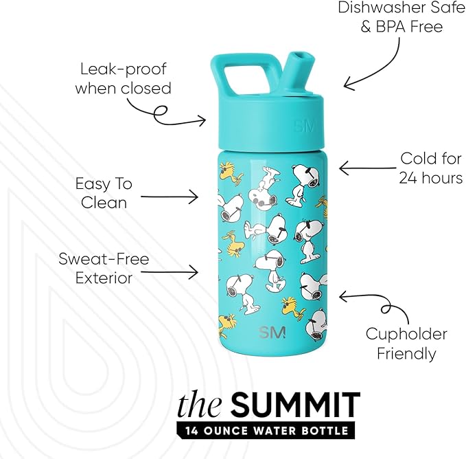 Simple Modern Kids Summit Water Bottle with Straw Lid | Peanuts 14oz Stainless Steel Cup Insulated Tumbler for Toddlers, Girls, Boys, School | Snoopy & Woodstock