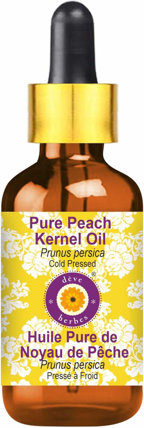 Deve Herbes Pure Peach Kernel Oil (Prunus persica) with Glass Dropper Cold Pressed 100ml (3.38 oz)