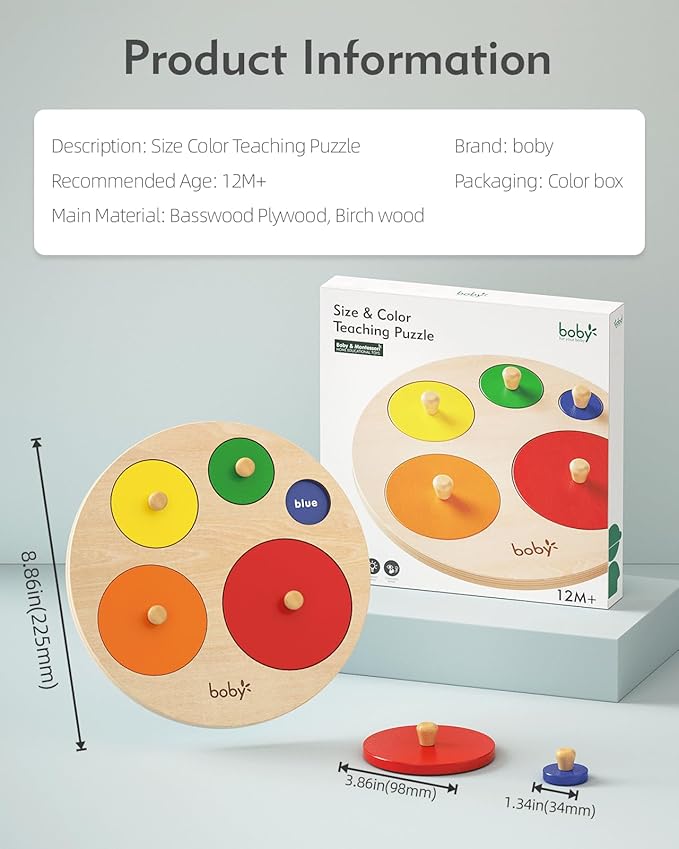 Boby Montessori Multiple Circle Puzzle Board, Knob Wooden Puzzle, Geometric Shape Puzzle Early Education Material Sensorial Toy for Toddler Shape & Color Sorter (Multiple Circle Puzzles)