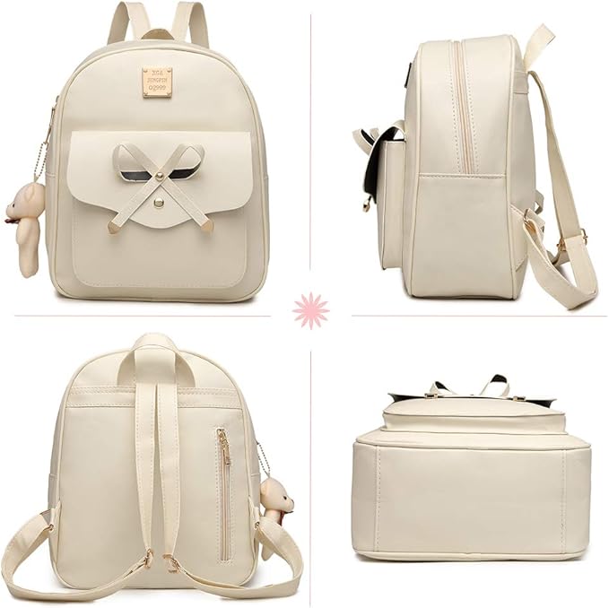 MACCINELO Cute Leather Mini Backpack Purse for Women Bowknot Small Backpack for Girls gift Rucksack Ladies Shoulder Bag 3pcs
