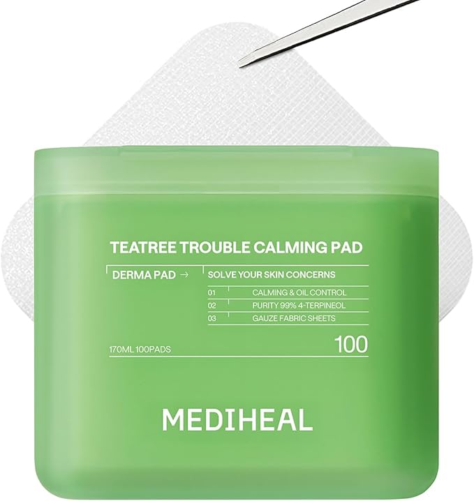 MEDIHEAL Toner Pads 100 Count - Teatree Trouble Calming - Contains Purity 99% Teatree (4-Terpineol) - For Sensitive & Acne Prone Skin - Vegan Hypoallergenic Face Gauze, Korean Skin Care