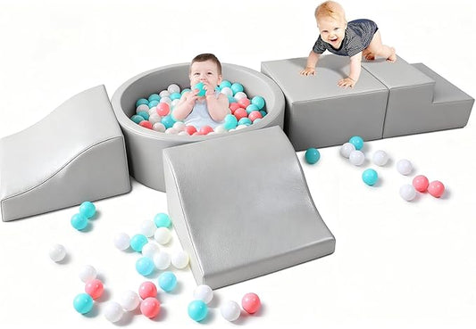 Hoohtoot Foam Climbing Blocks for Toddler: with 4-Piece PU Leather Climbing Toys and a Ball Pit - Foam Ball Pit for Toddlers - Climbing Toys Indoor for Kids Crawling