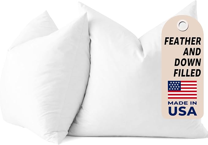 18x18 Feather Pillow Inserts Set of 2-100% Cotton Cover, Breathable and Skin Friendly - Decorative Throw Pillow Inserts for Sofa, Chairs, Beds, Benches (18x18 inch, White, Set of 2)