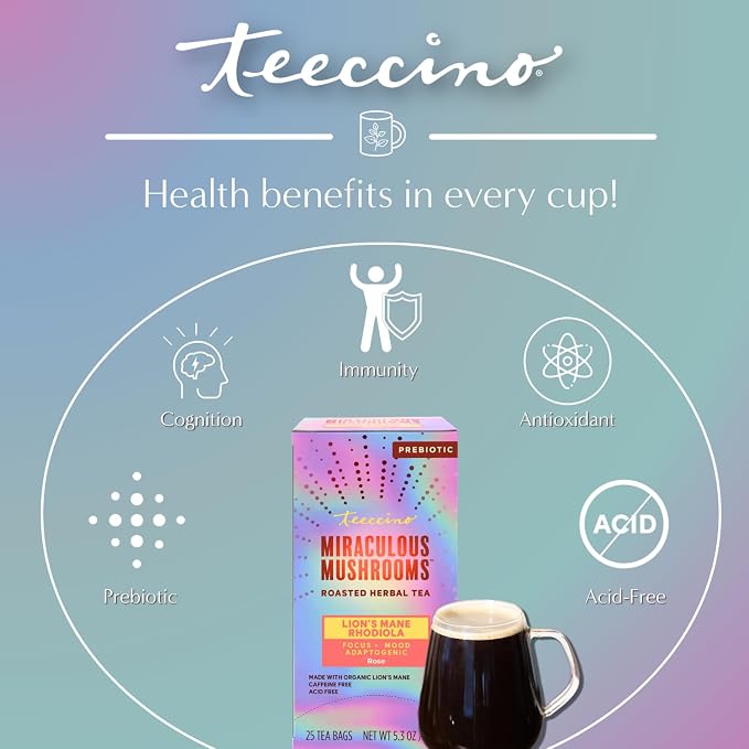 Teeccino Lion’s Mane Rhodiola Tea - Rose - 25 TeaBags Caffeine-Free Mushroom Adaptogenic Herbal Tea, 3x More Herbs than Regular Tea Bags, Lightly Sweet from Dates & Figs, Chicory Prebiotic - (Pack of 3)