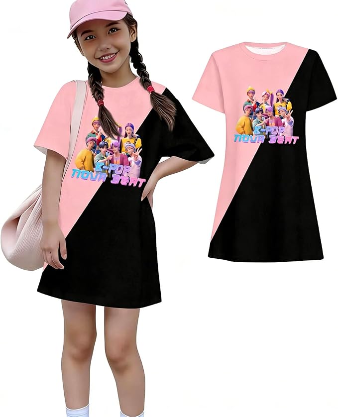 Girl's Anime K-POP Graphic Long Dress T-Shirt - Casual Loose Fit Short Sleeve Top