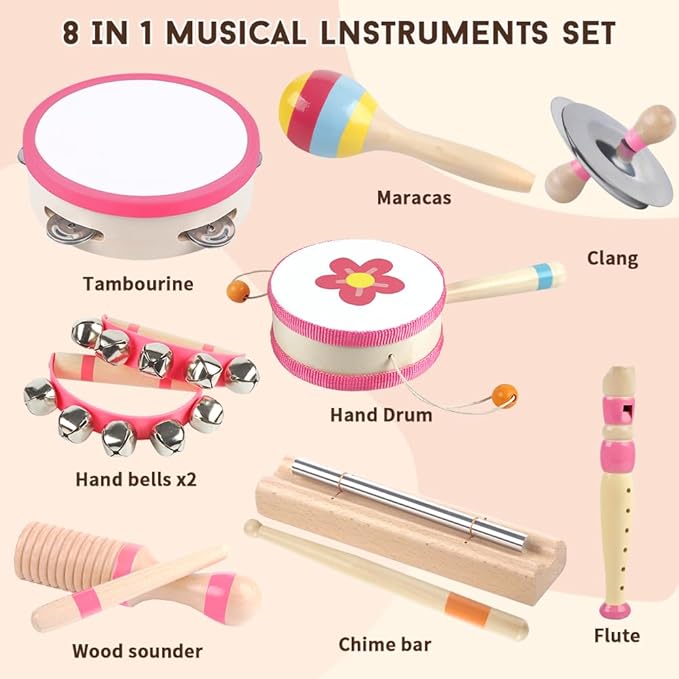 Toddlers Musical Instruments for 1 2 3 Year Old Girls,Baby Montessori Wooden Musical Toys for Toddlers 1-3 Year Old,Kids Musical Toy for Preschool,Christmas Birthday Gift for Baby Girls (Pink 8 in 1)