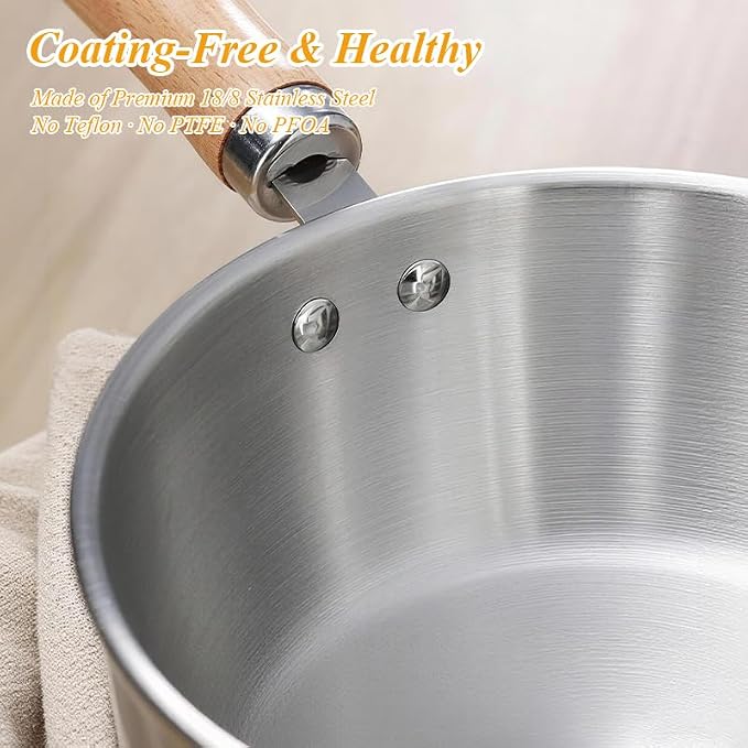 Korean Ramen Pot Set, 18/8 Stainless Steel Ramen Cooking Pot with Stainless Steel Lid, Coating-Free One-Person Dining Set, Wooden Handle Bowl, Fork Spoon Chopsticks&Sauce Dish, Safe for Gas Stove