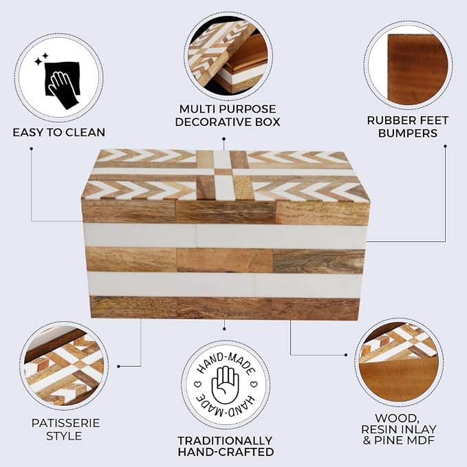 Handicrafts Home White Large Decorative Storage Box with Lid Wooden Memory Box Keepsake Storage Box Photo Storage Box for Home Organization – Resin Inlay Patisserie Adorn Collection- 10x5x5