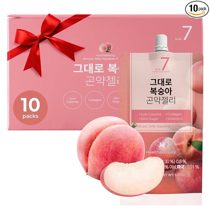 Korean Food Konjac Jelly, Peach Flavor, Zero Sugar, Fish Collagen, 10 Pack | Chewy konjac jelly with peach flavor in convenient single-serve pouches