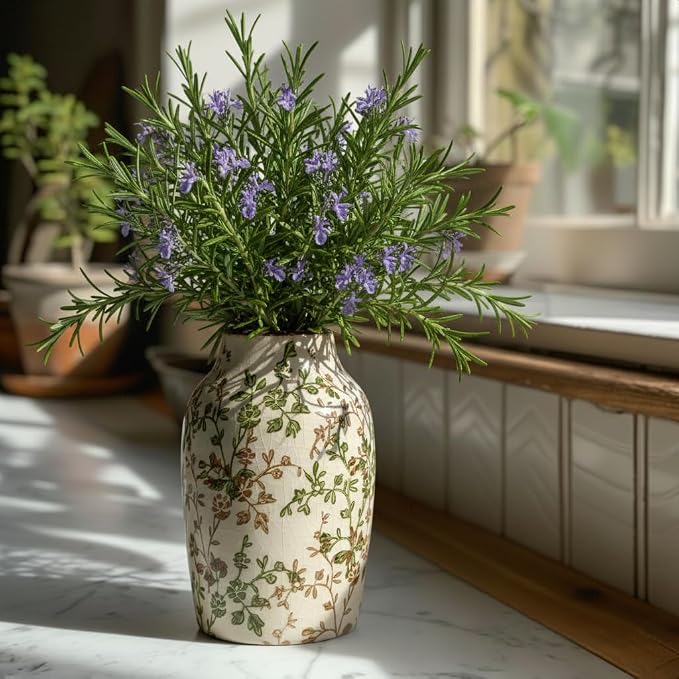 SIDUCAL Ceramic Green and Beige Antique Vase, 7 Inch Retro Ice Cracked Chinoiserie Floral Vase, Rustic Farmhouse Vases for Home Decor, Bookshelf, Office, Garden, Chinoiserie Decor, Tuscan Decor