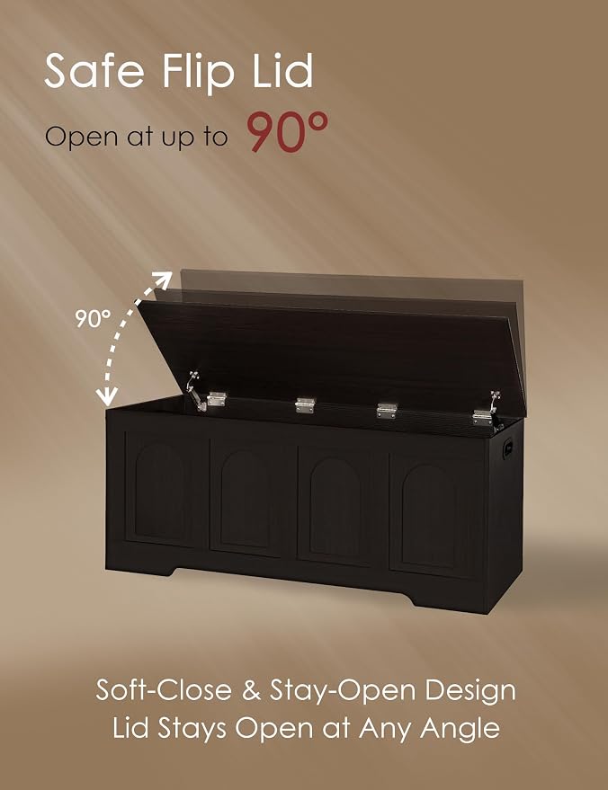 Storage Chest, Wooden Toy Box, Espresso 50.0" L | Extra Large Storage Bench, 2 Soft-close Hinges, Finger-safe Flip-Top Lid, Easy Assembly, Farmhouse Trunk, Living Room/Bedroom