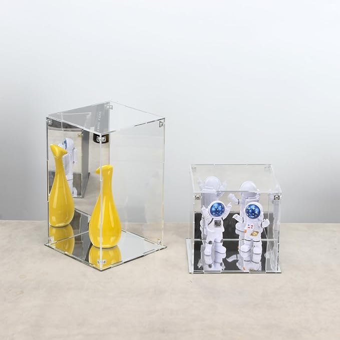 Self-Assemble Acrylic Display Case with Mirrored Back, Clear Action Figure Storage Display Box with Mirrored Base Stand, Cube Storage Containers for Home Office Collectibles, 6x6x6Inch