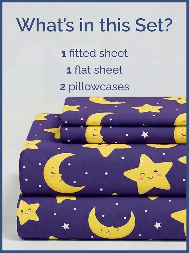 CGK Unlimited Kids Twinkle Stars Full 4 Piece Sheet Set - Boys, Girls, Teens, Toddler - Easy Fit Deep Pockets - Soft, Cooling & Breathable Sheets - Cute, Cozy, Fade & Wrinkle Free - Machine Washable