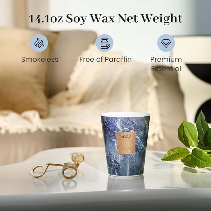 M&SENSE Ocean Breeze Scented Soy Candle, 3 Wick Highly Scented 14.1 Oz 75H, Aromatherapy Christmas Gift for Women and Men