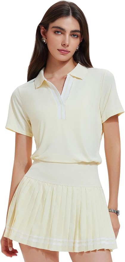 Women 2 Piece Tennis Skirt Set Pleated Golf Outfit, Polo V-Neck Athletic Dress Alternative Skort Set for Pickleball Pockets