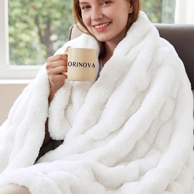 ORINOVA White Faux Rabbit Fur Throw Blanket for Bed Living Room 50x60 Thick Soft Throw Blanket Fluffy Bed Furry Best Housewarming Home Gifts 860 GSM
