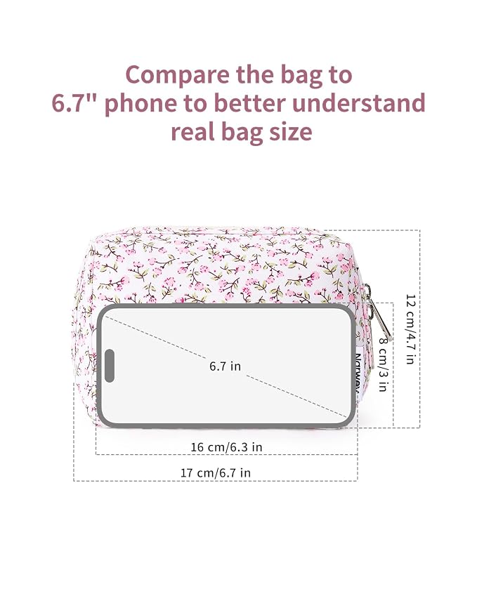 Narwey Small Cute Floral Makeup Bag for Purse Mini Cosmetic Bag Travel Makeup Pouch Zipper Pouch Cute Make up Bags with Compartments for Women Girls (Pink Flower, Small)