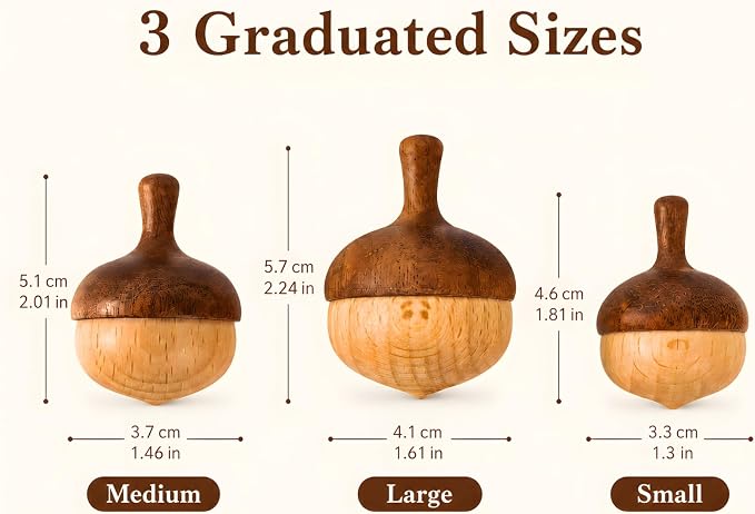 Wooden Spinning Tops Acorn Toy | 3 Pcs Wood Tops Made from Sapele and Beech Hardwood with Cotton Drawstring Storage Bag | Smooth & Safe for Toddlers Skill Play and Travel, Gift-Ready