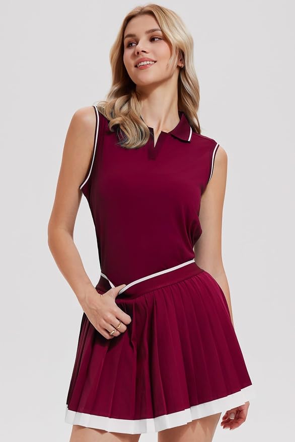 AFZ Tennis Outfits Polo Top and Color Blocked Pleated Tennis Dress Golf Outfits for Women Athletic Dress with Shorts