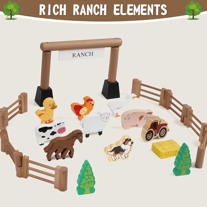 Wondertoys 164 Pcs Wooden Log Set Ranch Real Wood Logs Classic Building Log Ages 3+ Best Retro Farm Building Gift Set Creative Construction Engineering Educational Gifts