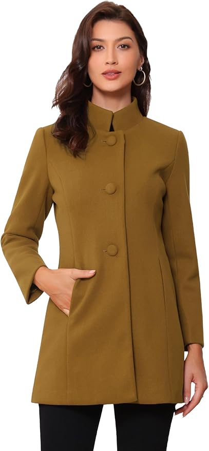 Allegra K Women's Winter Overcoat Mid-Long Stand Collar Single Breasted Coat Outerwear