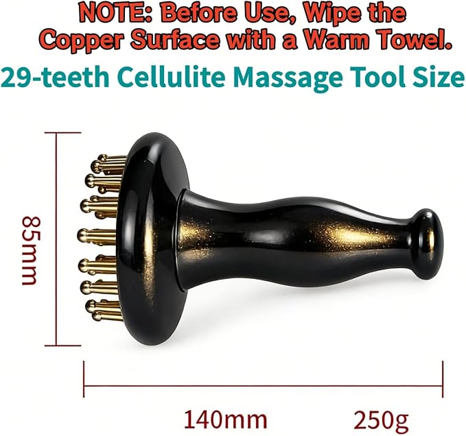 Cellulite Massage Tool 29 Teeth Copper Gua Sha Brush, Home SPA Body Relaxing and Stress Relief Handheld Massager, Meridian Massage Brush for Arms, Thighs, Glutes and Stomach (1 Pcs)