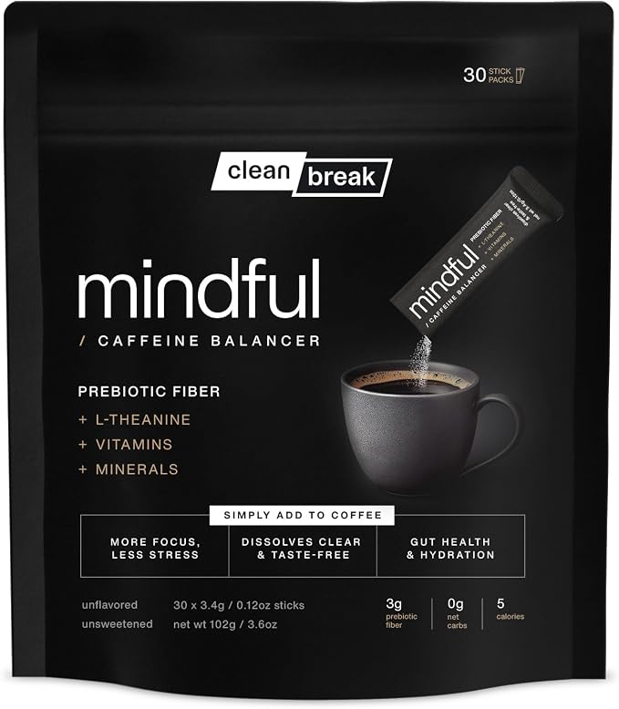 Mindful Tasteless Prebiotic Fiber for Your Coffee - Enhanced with L-Theanine, Magnesium, B Vitamins - Dissolves Clear & Taste-Free - Unflavored, Unsweetened (30 Count)