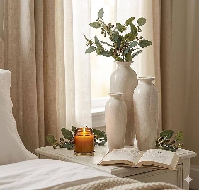 Hosley Set of 3 Crackle Ivory Ceramic Vases. Ideal Gift for Floral Arrangements Wedding or Special Occasions for Use in Home Office Decor Spa Aromatherapy Settings