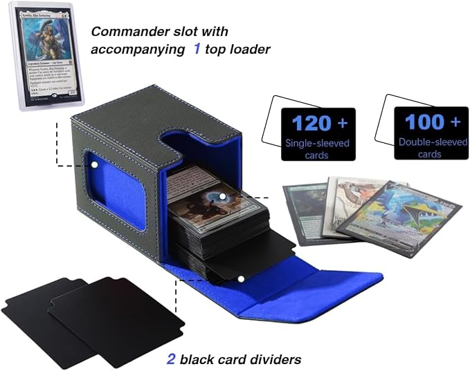 Venssu MTG Deck Box for Commander Display,Card Deck Box Fits 100 Double Sleeved Cards,TCG with 2 Dividers and 1 Toploader (BLACK/BLUE)