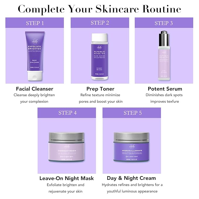 Daily Essential Skincare Set, Glycolic Acid+Vitamin C Facial Skin Care Sets & Kits, 5 In 1 Skin Care Gifts for Women w/Exfoliates Face Wash, Toner, Serum, Moisturizer, and Mask, Vegan & Cruelty-Free