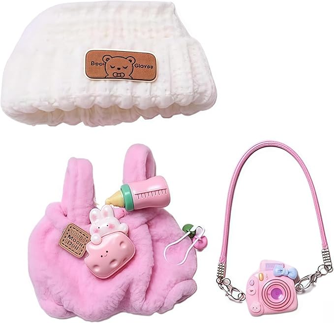 Designer Clothes Set for 15cm/17cm La Booboo Dolls, Dolls Knit Outfit Accessories with Pink Sweater Overall, Pink Camera and Beanie, DDK-Pink