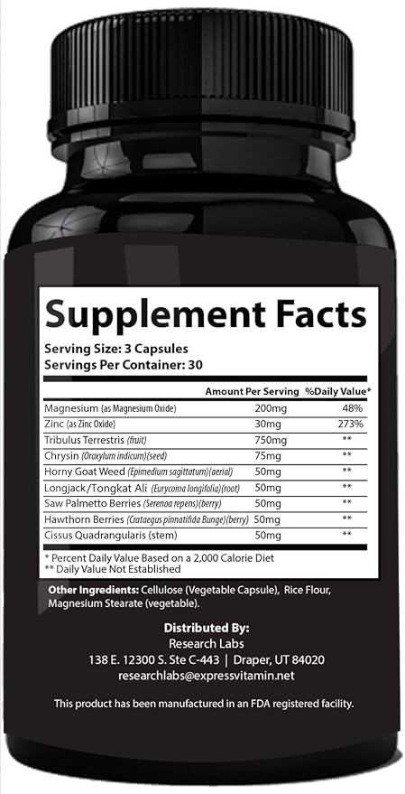 Pharmacist Recommended 2 fer 1 Offer 180ct Testosterone Booster Enhancement by Research Labs. Increase Lean Muscle Energy Strength. Saw Palmetto, Tribulus, Tongkat Ali, Horny Goat Weed, Zinc