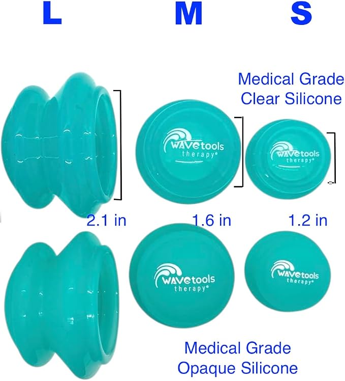 Wavetools Therapy Glide Silicone Sport Cupping set of 6 mushroom cups in case Ideal for massage, myofascial release, circulation and scars. (Matte Teal finish)