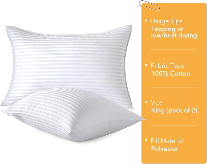 Oubonun King Size Pillows Set of 2, 20 x 36 Inch | Fluffy & Supportive Down Alternative Pillows with Zippered Cotton Cover - Breathable and Cool for All Sleeping Positions