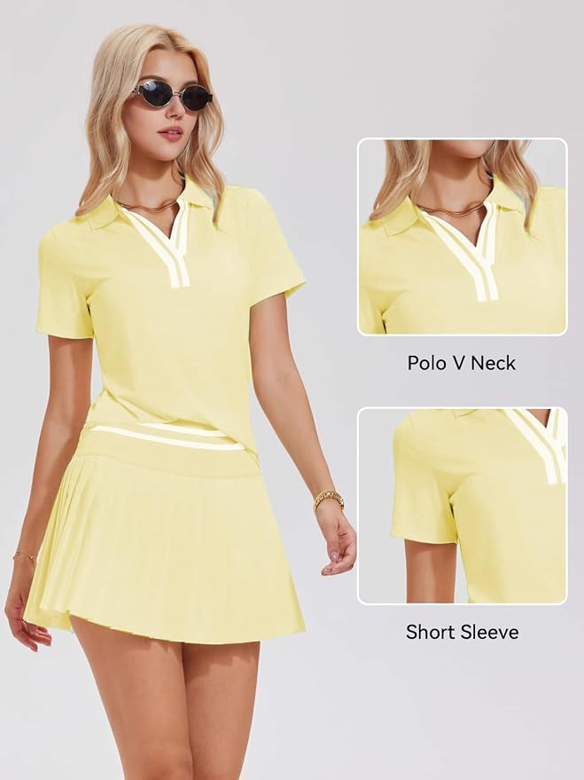 Tennis Skirt Set for Women Color Block V Neck Golf Pickleball Outfits Pleated Athletic Two Piece Skirts Sets