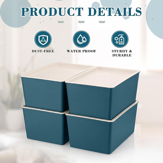 4 Pcs Storage Bins with Lids Plastic Stackable Containers for Classroom Room Organizing Shelves Christmas Ornament Box Baskets(Blue,Large)